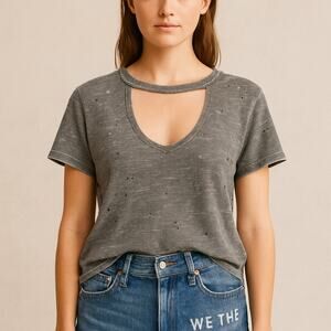 We The Free Free People Olive Distressed Cutout Tee Top Size S Oversized Boho